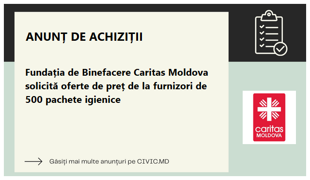 Fundația de Binefacere Caritas Moldova solicită oferte de preț de la furnizori de 500 pachete igienice